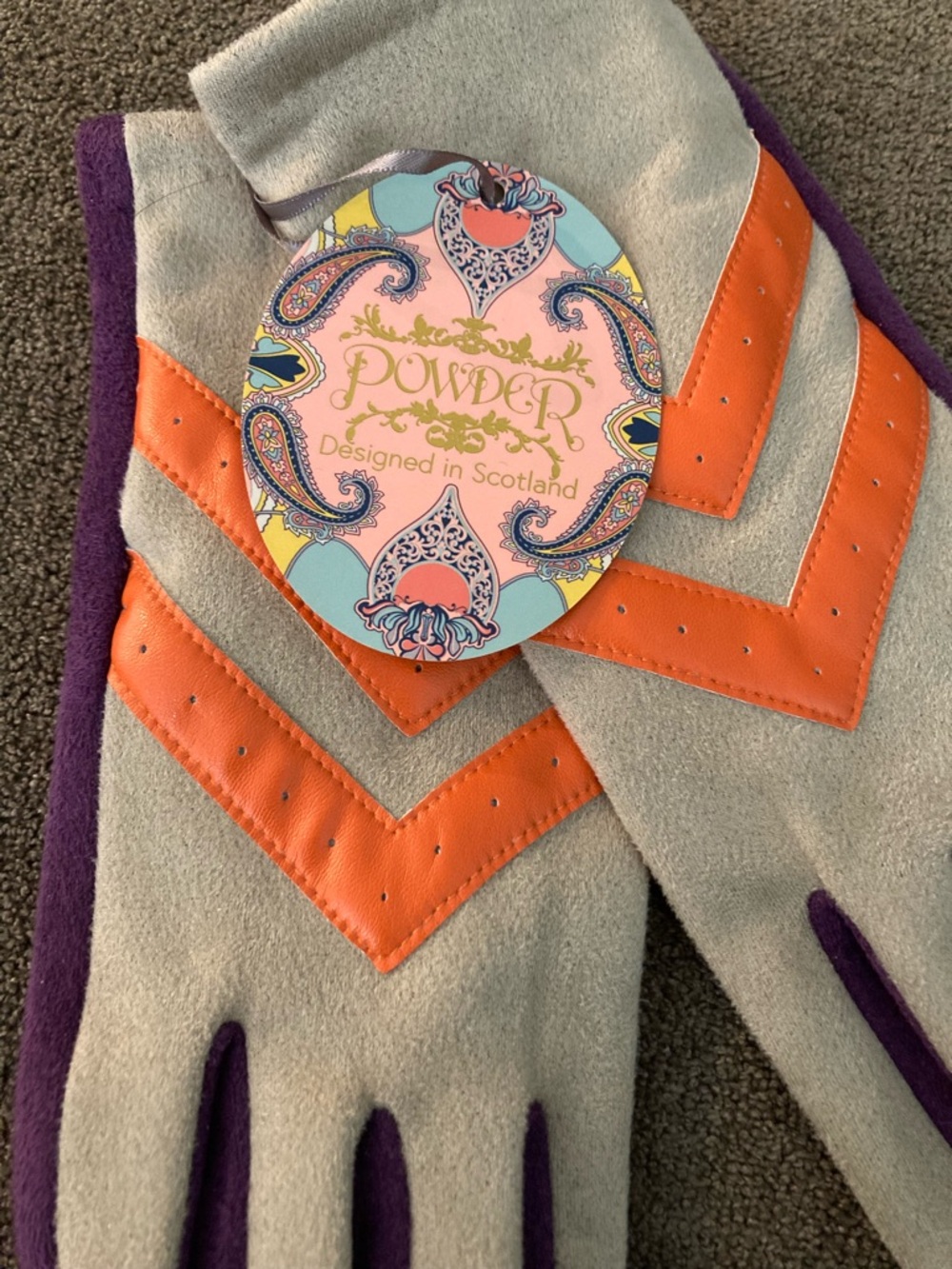 Powder Cream Gloves with Orange Chevron & Purple.made in Scotland.